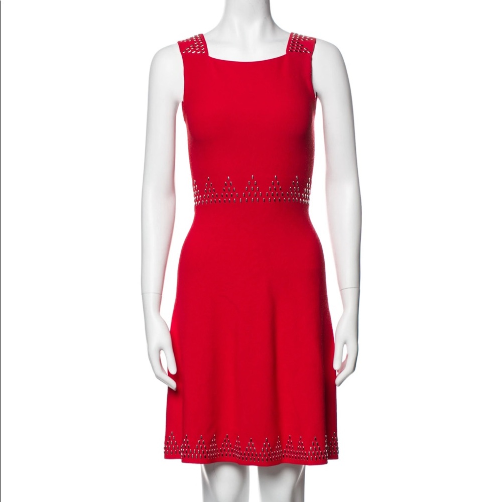 Alaïa Red Square Neck Fit n Flare Dress with Beading Detail
